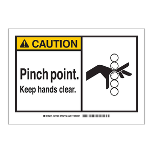 Panneau de sécurité PVC Brady Caution Pinch Point 3,5 x 5 po pour zones de machines - Product Image 1