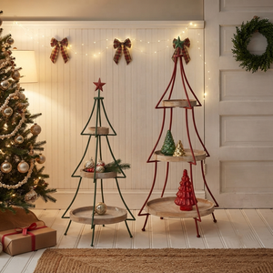 Supports de présentation de sapins de Noël à trois niveaux en métal et en bois, avec plateaux ronds et décorations étoiles pour la décoration de la maison pendant les fêtes - Product Image 2