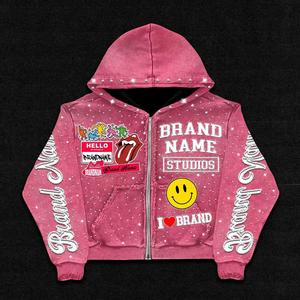 Custom Distressed <b>Embroidery</b> Zip up Rhinestone Graphic Hoodie Sweatpants Acid Wash Mens Hoodies Sweatshirt <b>Sets</b> Tracksuit - Product Image 2