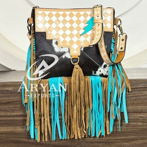 Bolso de mano de cuero con flecos y diseño a cuadros de vaca, hecho a mano, para mujer, estilo cremallera, diseño Turquoise Thunderstorm Lightning, precio bajo - Product Image 1