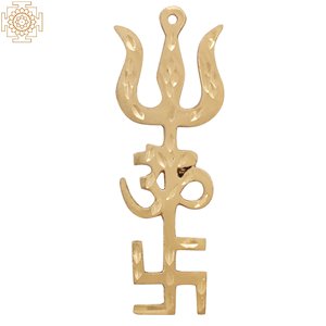 Tri Shakti Pooja Yantra Swastik Om Trishul Symbole en laiton fait à la main de 3 pouces pour la décoration intérieure pour les cadeaux Fabriqué en Inde - Product Image 2