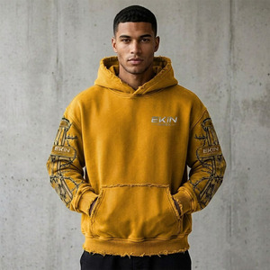 Sweat-shirt à capuche jaune pour homme Ekin avec imprimé fil barbelé, coupe classique, style décontracté, imprimé DTF, tissu polaire français, vêtement d'automne - Product Image 3