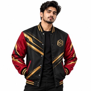 Ribbed Collar Button Front Design And Comfortable <b>Men</b> Varsity <b>Jacket</b> Designed With <b>Faux</b> <b>Leather</b> Body Matte Finish Sleeves - Product Image 1