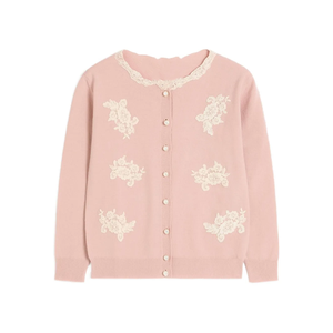 Cardigan d'hiver épais en laine/cachemire brodé rose et ivoire avec col, manches longues et boutons perlés - Product Image 1