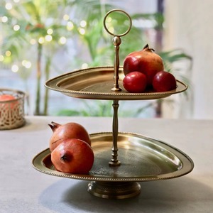 Hot Selling Two-Tier Metal Decorative <b>Tray</b> With Engraved Floral Pattern And Handle Traditional Design For Display - Product Image 3