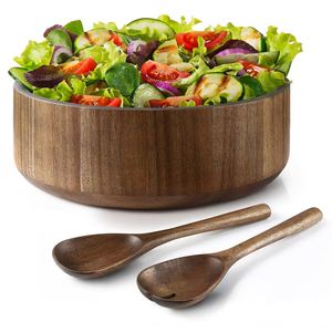 Bol de rangement moderne en bois de noyer et d'acacia pour salades, fruits et légumes, écologique, lavable, poli, sculpté, avec cuillère en bois pour l'école - Product Image 4