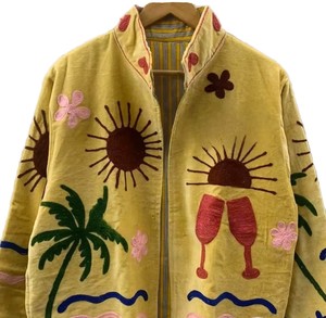 Blousons bomber réversibles pour femmes en velours brodé, écologiques, coupe-vent, avec rembourrage en coton et fermeture à bouton unique - Product Image 2