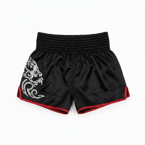Muay Thai Shorts Black Red <b>Trim</b> Tiger Embroidery Front Logo Men's Martial Arts Wear Regular Fit Adult Size - Product Image 3