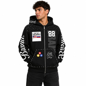 Wholesale Custom Luxury Rhinestones Graphic <b>Zip</b> up Hoodie Heavyweight Streetwear Men's Hoodies Private Label OEM ODM Manufacture - Product Image 1
