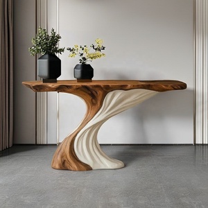 Table console en bois massif faite à la main avec bord naturel et base de pieds courbés, mobilier moderne minimaliste pour hôtel, salle à manger, entrée - Product Image 4
