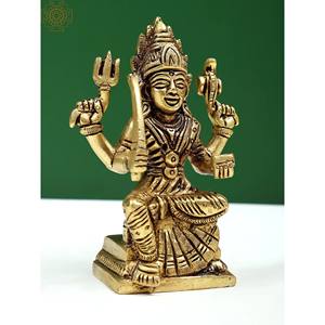 Petite sculpture en laiton de 5 pouces faite à la main de Santoshi Mata assis sur un piédestal Idol - Product Image 3