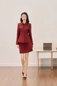 Two-Piece <b>Set</b> Breathable Vietnam ROSE ROUGH Solid Full Women Twill <b>Blazer</b> and Skirt - Feminine Office Style Double Layer Collar - Product Image 6