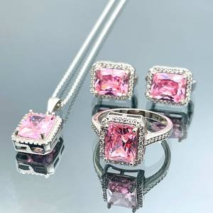 Handmade 925 Sterling <b>Silver</b> Pink Quartz Jewelry <b>Set</b> <b>Ring</b> Earrings Necklace Natural Crystal Elegant Gift For Women - Product Image 1