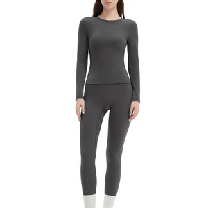 Conjunto de Top de Yoga sin Mangas con Cuello Redondo y Leggings de Cintura Media, Color Sólido, Largo Completo, Spandex/Nylon, 2 Piezas, Tallas Grandes, Secado Rápido - Product Image 3