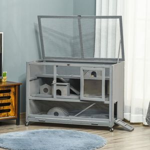 Jaula de Madera de 3 Niveles Color Gris Oscuro para Animales Pequeños, Jaula para Hámster de 3 Niveles con Escalera y Ruedas - Product Image 1