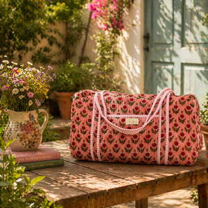 Bolsa de lona rosa de algodón con estampado a mano, acolchada, para viaje, gimnasio, ligera, para fin de semana o noche. - Product Image 1