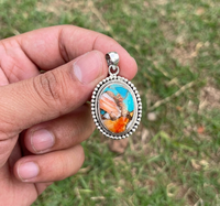 Pendentif ovale en turquoise naturelle Kingman, argent sterling 925, fait main, style bohème, plaqué rhodium, bijou unisexe, cadeau