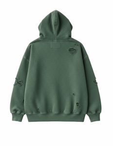 Sweat à capuche unisexe en polaire vert délavé et déchiré, coupe oversize, avec poches, 100 % coton, séchage rapide et anti-plis - Product Image 3