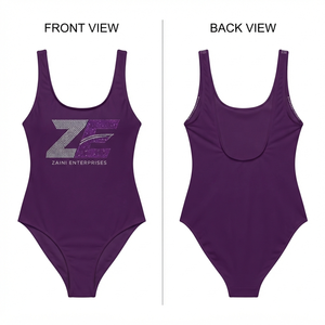 Women One Piece Swimsuit Premium Polyester Spandex 220 GSM Purple Crystal <b>Rhinestone</b> Logo Scoop Back Athletic Stretch Swimwear - Product Image 1