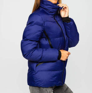 <b>Women's</b> Blue Quilted Puffer Jacket With <b>Black</b> Contrast Shoulder Full Sleeve Short <b>Winter</b> <b>Coat</b> Polyester Wadding Zipper Closure - Product Image 1
