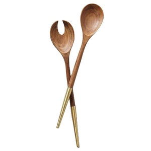 Ensemble de saladiers en bois de manguier écoresponsable fait main avec des poignées élégantes à pointes dorées, pinces à salade en bois écologiques pour mélanger - Product Image 1