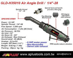 APLUS GLD-H35010 Air angle drill 0.3HP 3500 rpm length 237.5mm 0.62kg spindle <b>thread</b> 1/4"-28 or 9/32 x 40 <b>thread</b> AIRCRAFT <b>TOOL</b> - Product Image 2