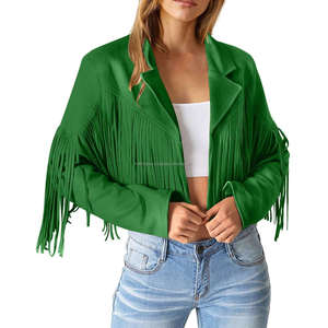 Chaquetas de mujer con flecos de cuero de ante Vintage verde, abrigo de manga larga con solapa abierta estilo vaquero occidental bohemio - Product Image 1