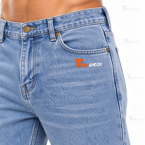 Men's High Waist Stonewashed Denim Jeans Straight Fit Light Blue Cotton Casual Pants With Rivets Button Fly Denim Jeans - Product Image 6
