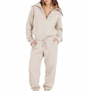 Beige Baggy Sweatpants Cream Fleece Wide Leg Jogger <b>Trouser</b> Custom Logo 100% Cotton Tracksuit Quarter Zip Hoodie and Pants Set - Product Image 6