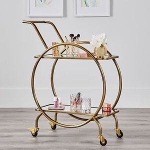 Stylish Gold Finish Iron Bar <b>Trolley</b> with Glass Shelves Rolling <b>Serving</b> Cart Home Kitchen Dining Beverage Organizer and Display - Product Image 3