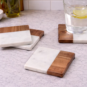 Ensemble de sous-verres en marbre et bois, sous-verres artisanaux en pierre naturelle et en bois, décoration de table de luxe, qualité d'exportation - Product Image 1