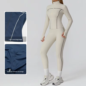 Conjunto de Yoga para Mujer con Bloques de Color y Cremallera, Traje Deportivo Casual Ajustado, Ropa de Fitness Personalizable - Product Image 1