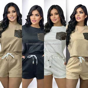 Jacquard Knit Cotton Spandex Women's Y2K 2-Piece Shorts & <b>Top</b> T-shirt Set for Summer Outdoor & Beachwear Wholesale in Stock - Product Image 3