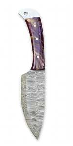 Cuchillo de acero de Damasco hecho a mano con hoja fija para camping al aire libre, mango de resina morada y orificio para cordón, para uso en campo y coleccionismo - Product Image 2