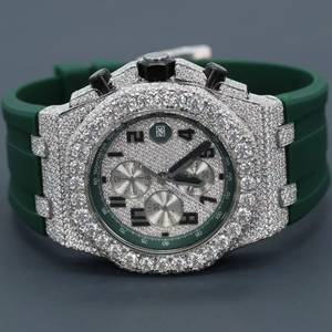 Montre à quartz avec bracelet en caoutchouc vert, boîtier en acier inoxydable, fermoir papillon, lunette entièrement sertie de diamants, chronographe analogique 10 mm, style hip-hop pour hommes - Product Image 4
