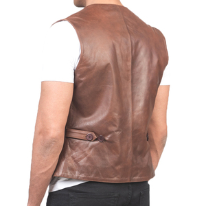 Chaleco de Cuero Marrón al por Mayor con Cierre de Botones, Estilo Clásico, Chaqueta sin Mangas, Chaleco de Cuero Genuino Elegante e Informal - Product Image 6