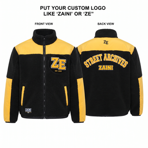 Thin 240 GSM Sherpa Polar Fleece <b>Jacket</b> Black Yellow Contrast Paneling Custom Chenille Logo Waterproof Breathable Stand Collar - Product Image 1