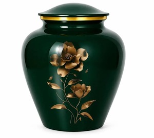 Urna de Cerámica Verde Esmeralda con Diseño Floral Dorado, Tradicional, Hecha a Mano, de Forma Redonda, para Uso Decorativo o de Condolencias - Product Image 1