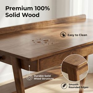 Scrivania in Legno Massello con 2 Cassetti e Ripiano Portaoggetti, Stile Mid-Century Moderno per Ufficio Domestico e Spazi Ristretti - Product Image 2
