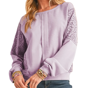 Suéter de Punto con Cuello Redondo y Mangas de Encaje para Mujer, Color Sólido, Informal, Otoñal, Transpirable, de Algodón - Product Image 6