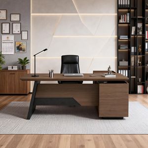 Escritorio Ejecutivo Moderno en Forma de L, Estilo Industrial, para Granja o Casa de Campo, Estación de Trabajo para Computadora Grande de Color Marrón con Cajones de Almacenamiento - Product Image 5