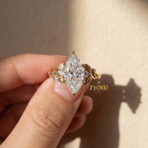 Anillo de Compromiso Ecológico y Moderno, Inspirado en la Naturaleza, con Tres Piedras Marquise, Diamante Creado en Laboratorio, Oro Sólido de 14K, para Mujer, Aniversario - Product Image 2