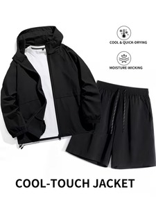 Ensemble veste coupe-vent à capuche noire effet rafraîchissant et short, anti-humidité, séchage rapide, taille élastique, pour homme, tenue d'extérieur estivale - Product Image 1