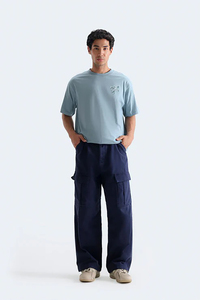 Men's Navy Blue Canvas Cargo <b>Pants</b> High Waist Multiple Pockets Workwear Style Autumn Wear Button Closure - Product Image 3