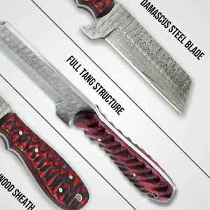 มีดทำมือเหล็กดามัสกัส EDC Tracker ขนาด 8 นิ้ว ด้ามจับไม้ Pakkawood สีแดง ใบมีดแบบ Fixed Blade สำหรับล่าสัตว์ - Product Image 4