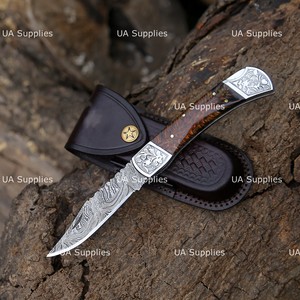 Handmade High Quality Damascus Steel Folding Knife Engraved Pine Cone Handle OEM ODM Pocket Knives with Leather Sheath Wholesale - Product Image 6