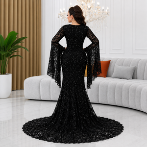 Vestido de Noche Moderno de Lujo Negro con Lentejuelas y Encaje, Elegante Vestido de Fiesta de Diseñador para Mujer con Manga Larga y Cola Larga de Satén - Product Image 2