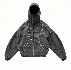 Sweat à capuche zippé vintage streetwear effet vieilli, délavé à l'acide, coupe oversize, 100% coton molletonné, tricoté, imprimé, pour l'hiver, OEM - Product Image 1
