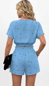 ONETEN APPARELS Women Blue Heart Print 2 Piece Set Crew Neck Top and Elastic Waist Shorts - Product Image 2
