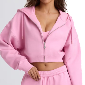 Women Pink Hooded Zipper Tracksuit Set Full Length Loose Fit Solid Color Casual <b>Sweatshirt</b> and Wide Leg Pants - Product Image 4